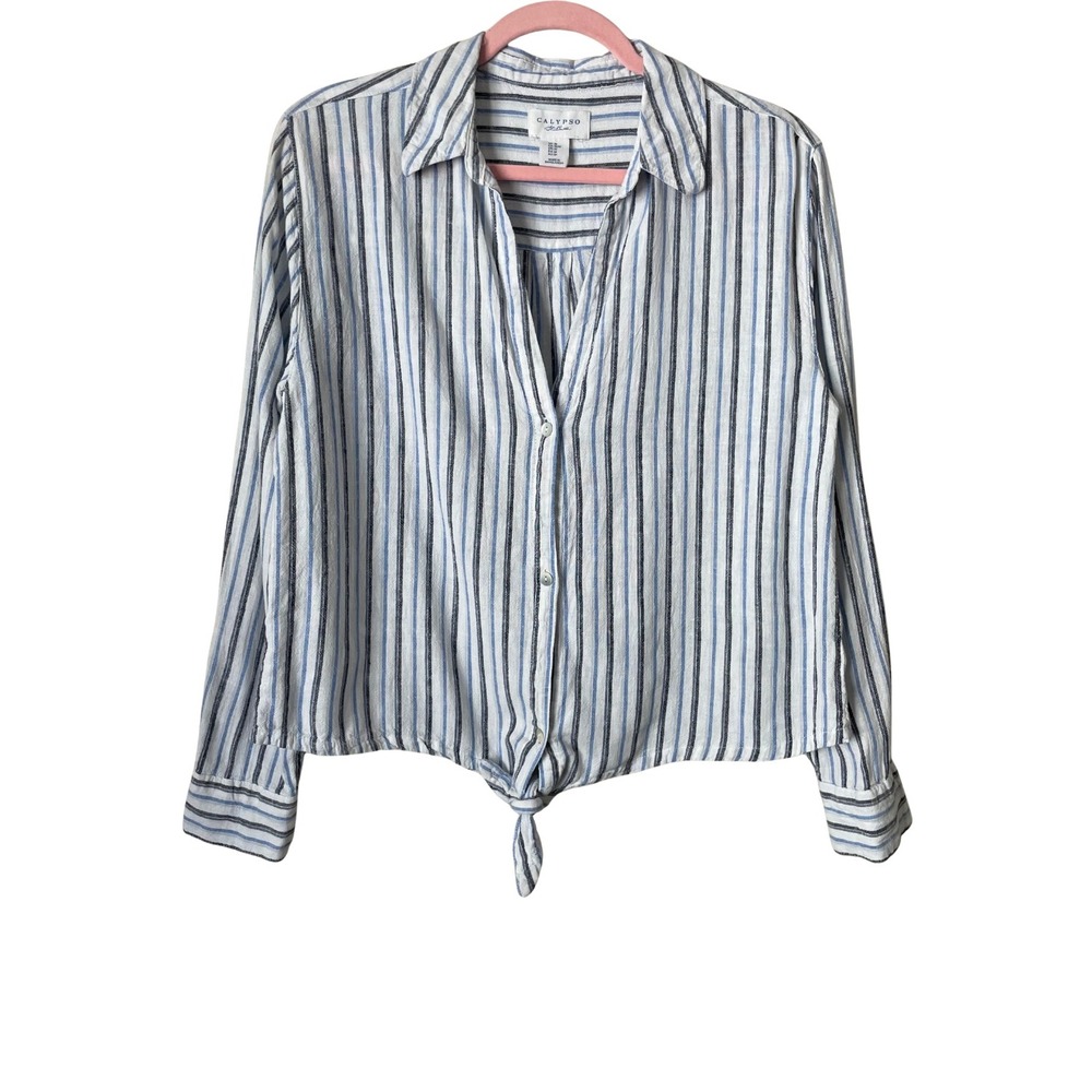 Calypso St. Barth Top Womens Medium Blue White Linen Striped‎ Tie Front Shirt